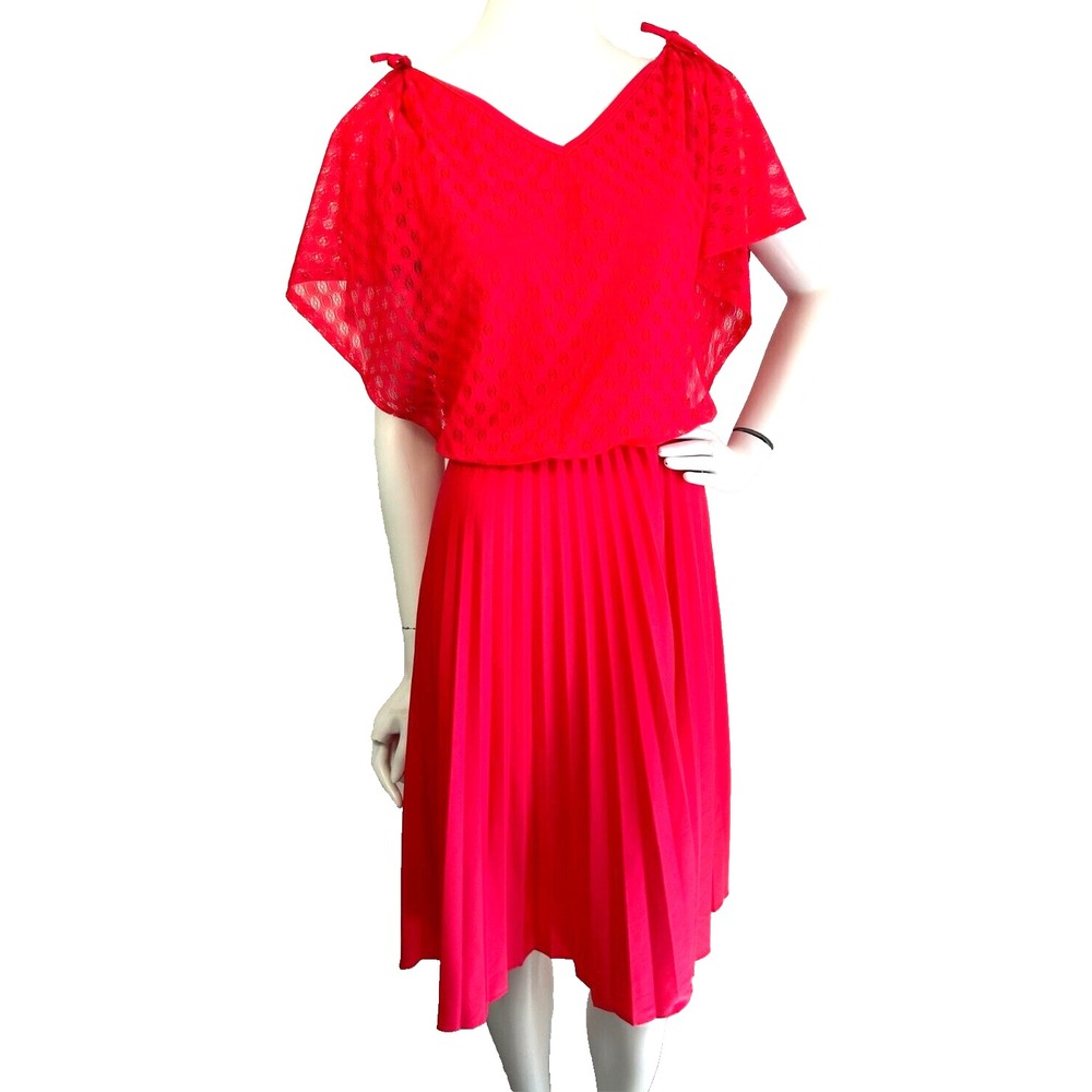 Vtg 70s Queen's Row Coral Flutter Sleeve Pleated Midi Dress Small Disco Romantic